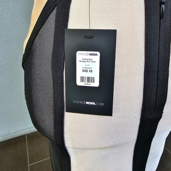 Nova Luxe ✦ Bandage Midi Dress ✦ Nude & Black Cutout Mesh w/ Lace Overlay Sz XS - Picture 11 of 17